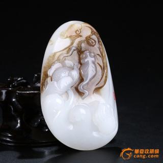 96.2g和田玉挂件糖白玉籽料吊坠 王磊大师 锦鲤戏莲